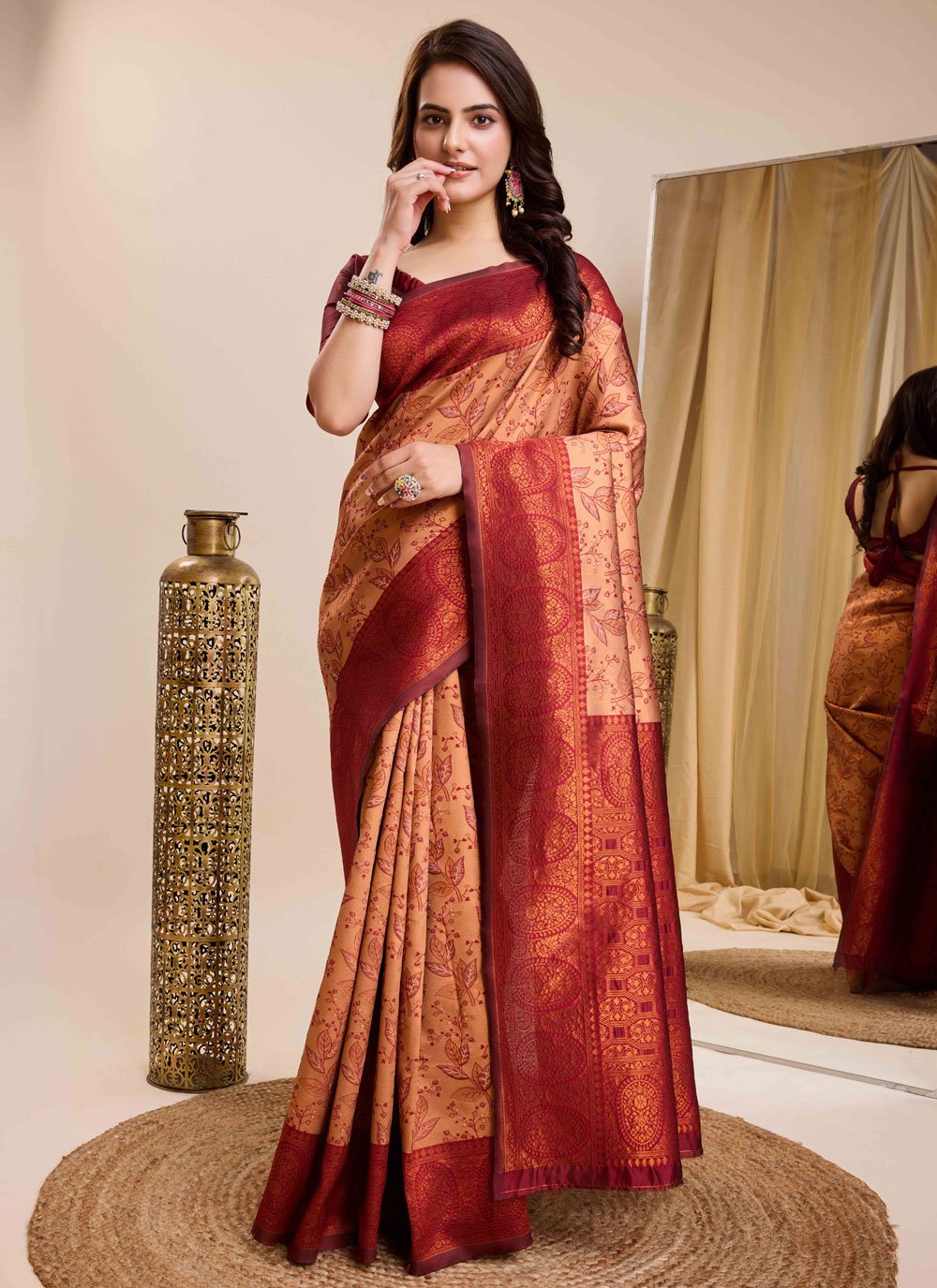 Indian Wedding Rapier Jaquard Work Kanjeevaram Silk Saree In Peach