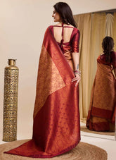 Indian Wedding Rapier Jaquard Work Kanjeevaram Silk Saree In Peach