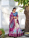 Off White Color Printed (Kalamkari) With Zari Weaving Border Jacquard Silk Lehenga Choli