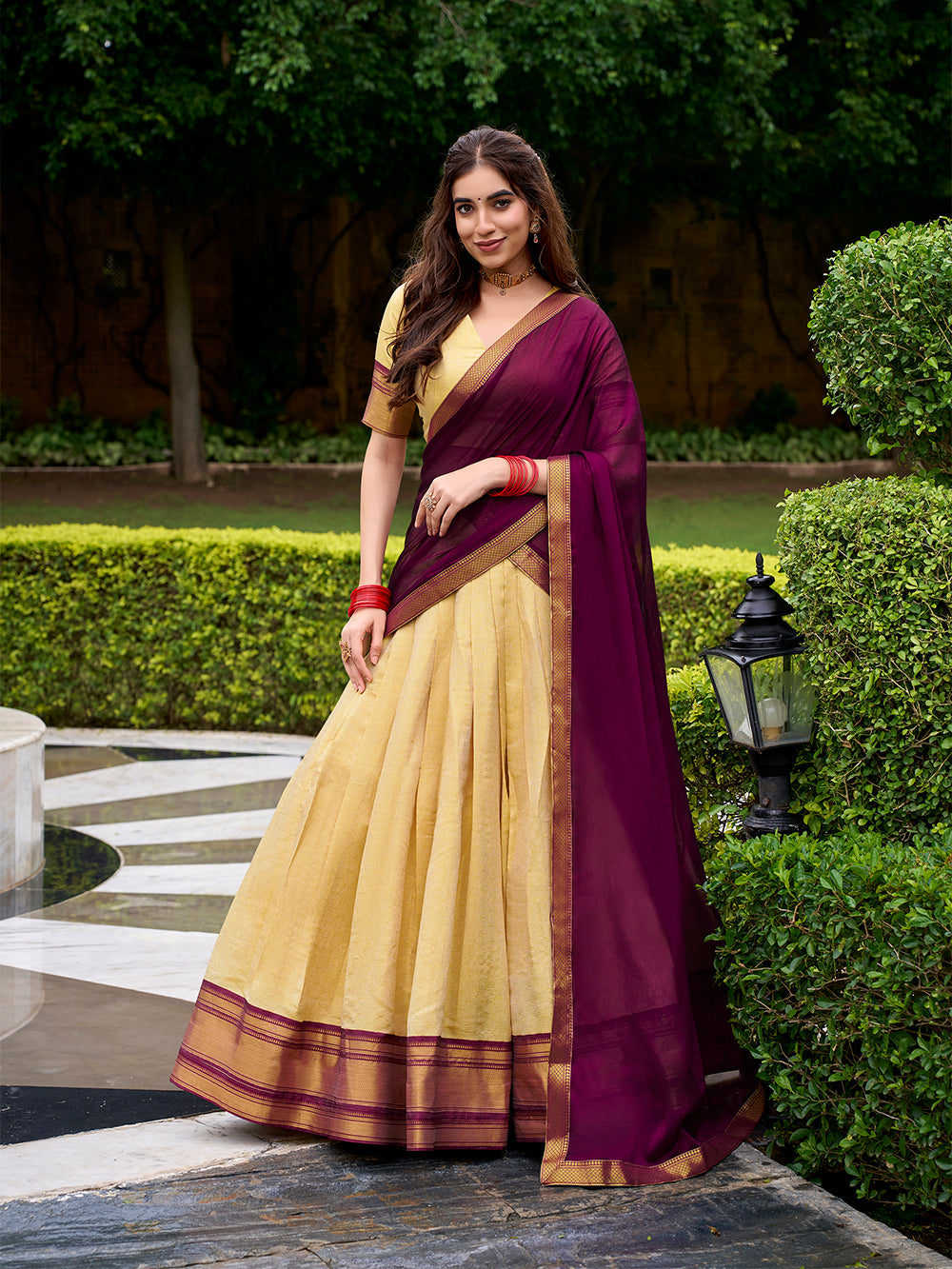 Brown Kanchipuram silk lehenga choli with zari border