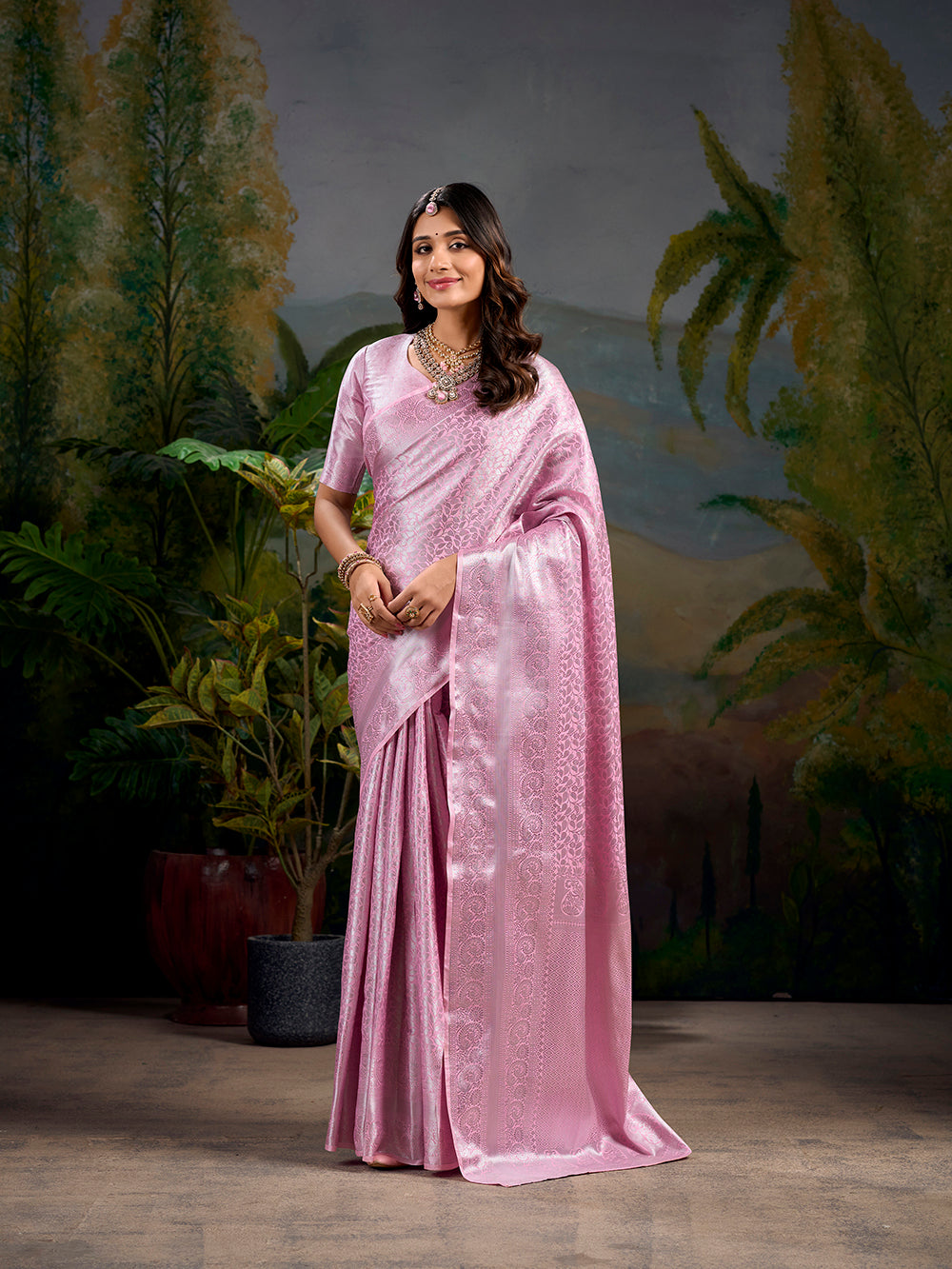 Baby pink Kanjivaram zari weaving saree