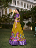 Mustard Color Printed (Kalamkari) With Zari Weaving Border Dola Silk Lehenga Choli