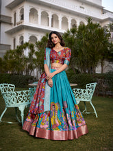 Firozi Color Printed (Kalamkari) With Zari Weaving Border Dola Silk Lehenga Choli