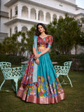 Firozi Color Printed (Kalamkari) With Zari Weaving Border Dola Silk Lehenga Choli