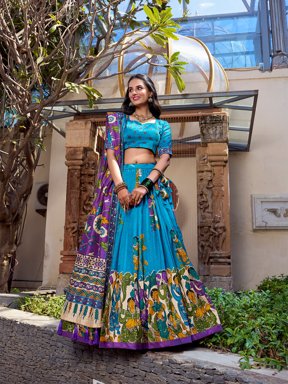 Firozi Tussar silk lehenga with Kalamkari print and foil work