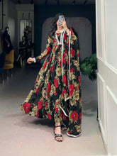 Red Color Floral Printed And Paper Mirror Lace Georgette Gown