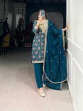 Teal Color Printed With Sequins and Thread Embroidery Work Rayon Salwar Suit