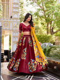 Maroon Tussar silk lehenga with foil print and lace work