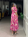 Pink Color Printed With Foil Work Rayon Dress