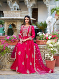 Pink Color Sequins And Thread Embroidery Work With Lace Border Vichitra Silk Gown