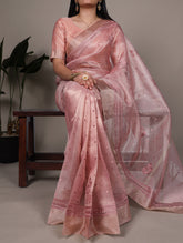 Light pink poly shimmer thread embroidery saree