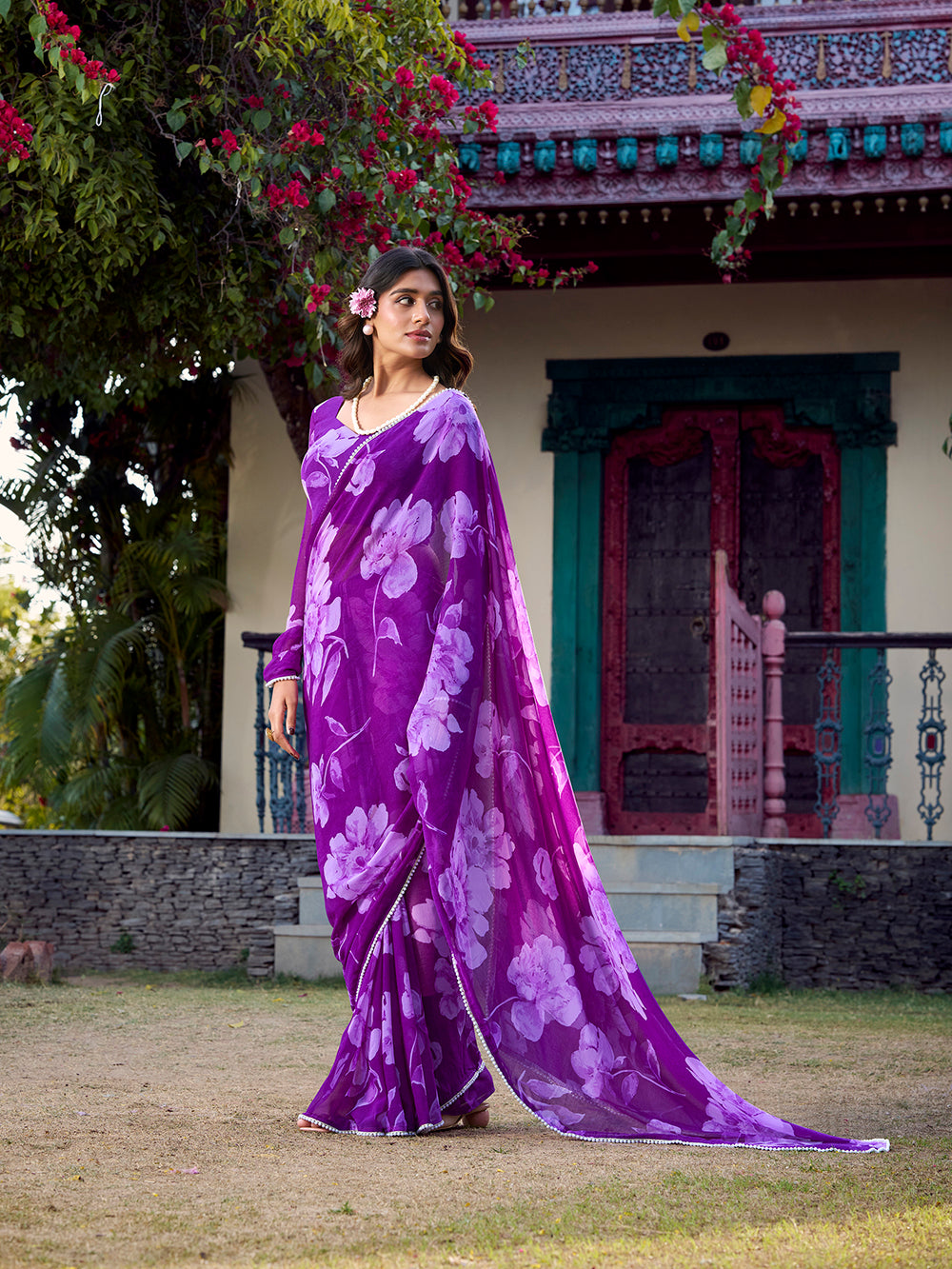 Purple chiffon floral printed saree with pearl lace border