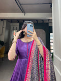 Purple Color Print With Foil Print Tussar Silk Dress