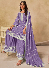 Lavender Chinnon silk embroidered palazzo suit with dupatta