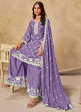 Lavender Chinnon silk embroidered palazzo suit with dupatta