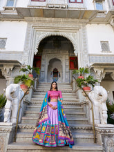 Lavender Tasar silk lehenga with Kalamkari print