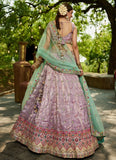 Lavender Embroidered Silk Lehenga Choli with Mirror Work and Mint Green Dupatta