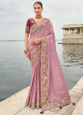 Lavender Tissue Silk Saree with Cut Work Border and Embroidered Raw Silk Blouse