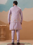 Lavender kurta koti set for men in viscose silk with embroidery