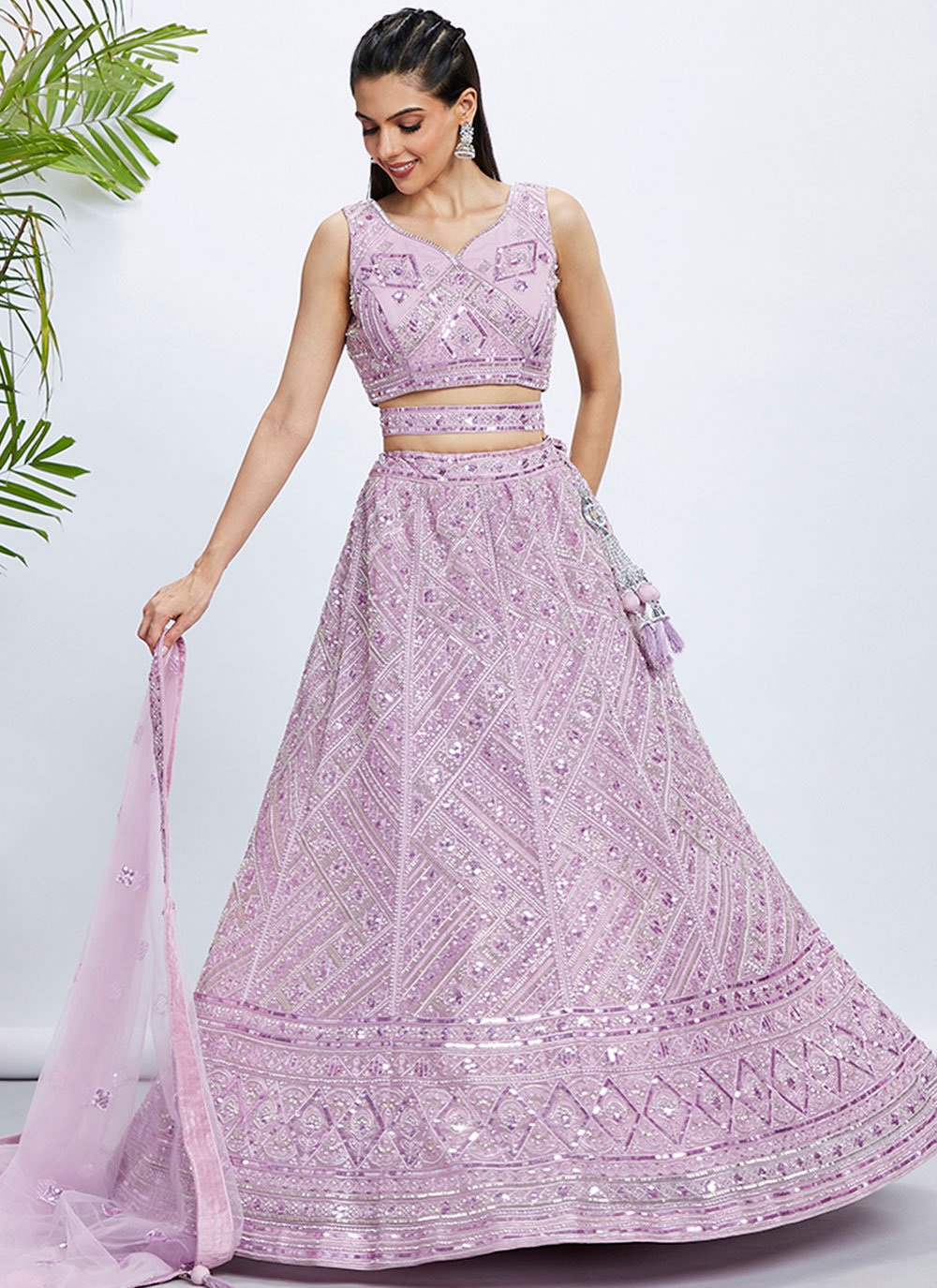 Lavender Net Engagement Lehenga Choli with Cutdana, Sequins & Zarkan Embroidery