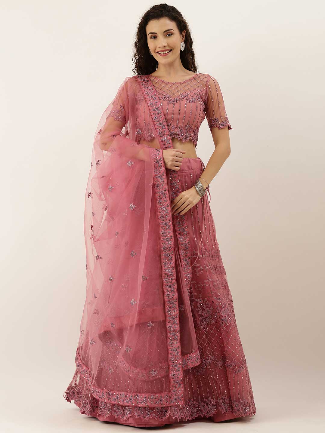 Lavender Net Semi Stitched Coding and Stone Heavy work Lehenga Choli