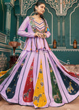 Lavender Poly Maska Silk Jacket Style Navratri Lehenga with Mirror Work