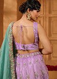 Lavender satin silk lehenga choli with beads, sequins, stone embroidery and contrast dupatta