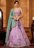 Designer lehenga choli in lavender satin silk with heavy embroidery