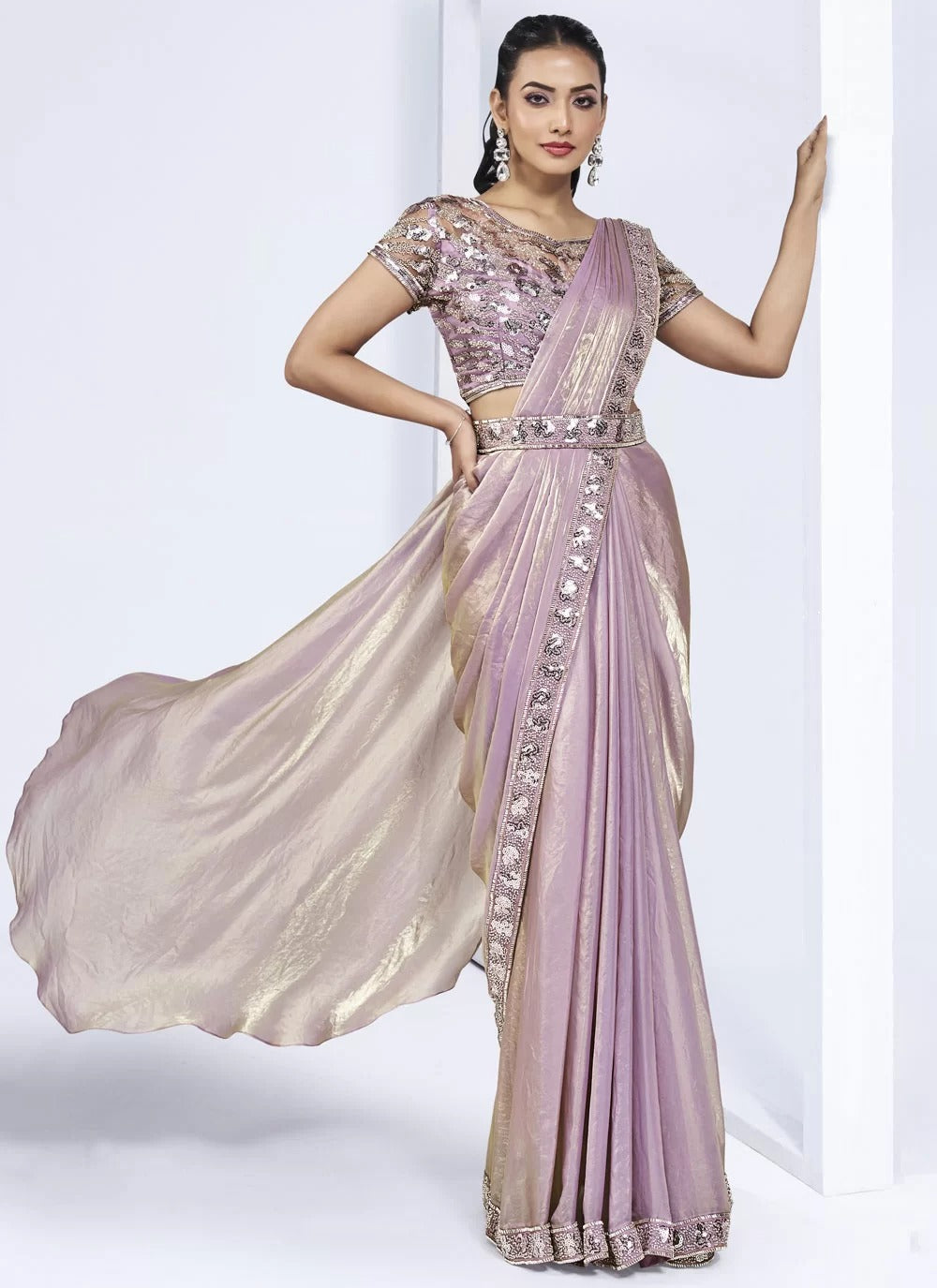 lavender satin silk ready to wear one minute saree with handwork and stitched blouse, designer pre stitched saree for women