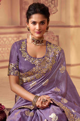 Lavender Viscose Silk Zari and Sequins Embroidered Wedding Wear Saree