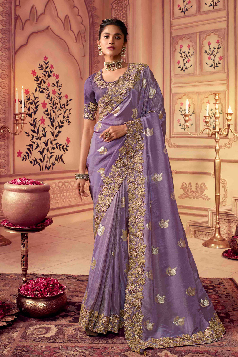 Lavender Viscose Silk Zari and Sequins Embroidered Wedding Wear Saree