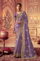 Lavender Viscose Silk Zari and Sequins Embroidered Wedding Wear Saree