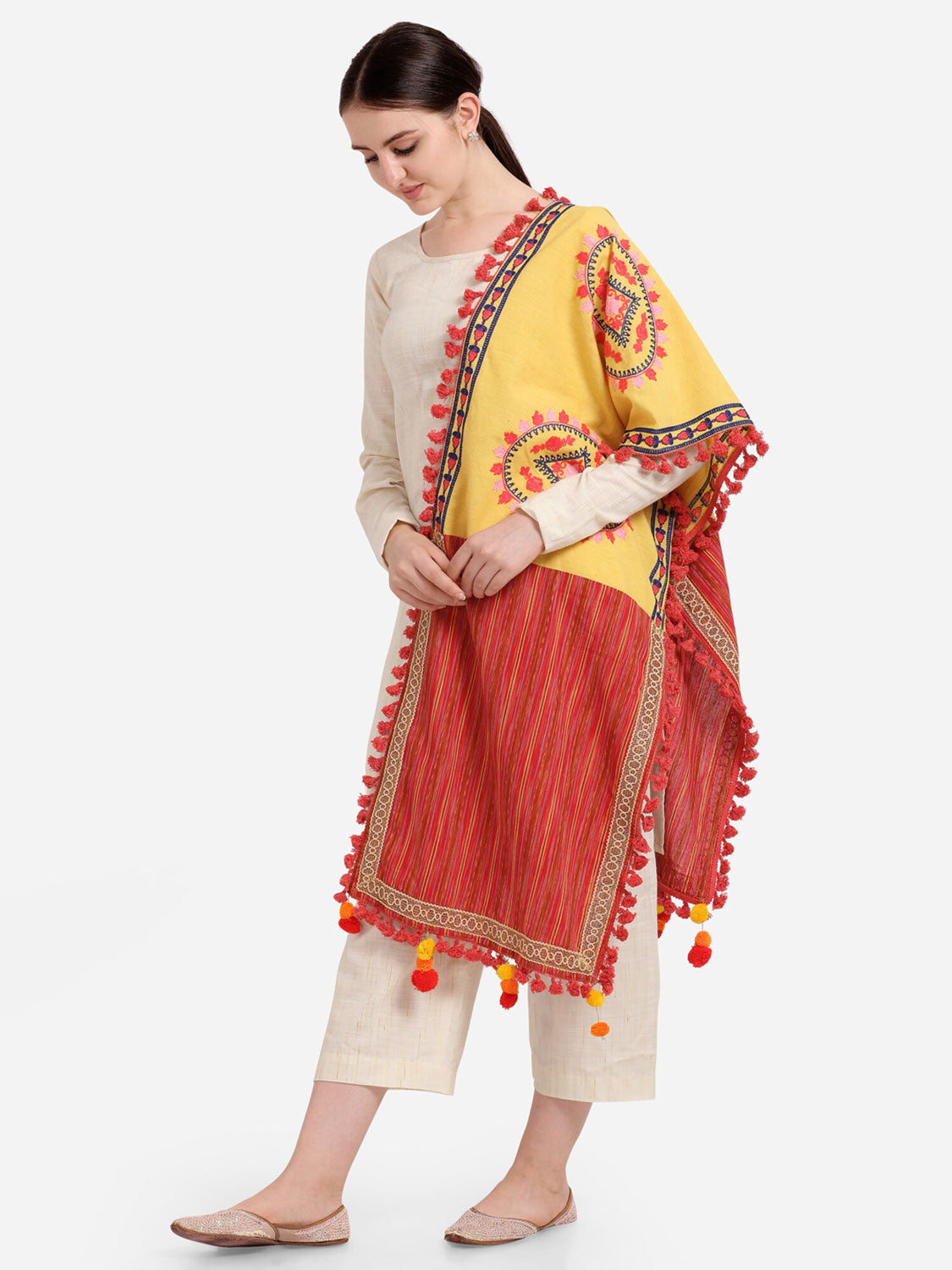 Lemon Yellow Circle Embroidered Lining Panel Linen Festive Dupatta