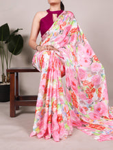 Light pink dull satin floral printed saree