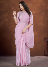 Light Purple Crepe Satin Silk Bridal Applique & Moti Work Saree
