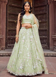 Lime green net mehndi lehenga choli with embroidery