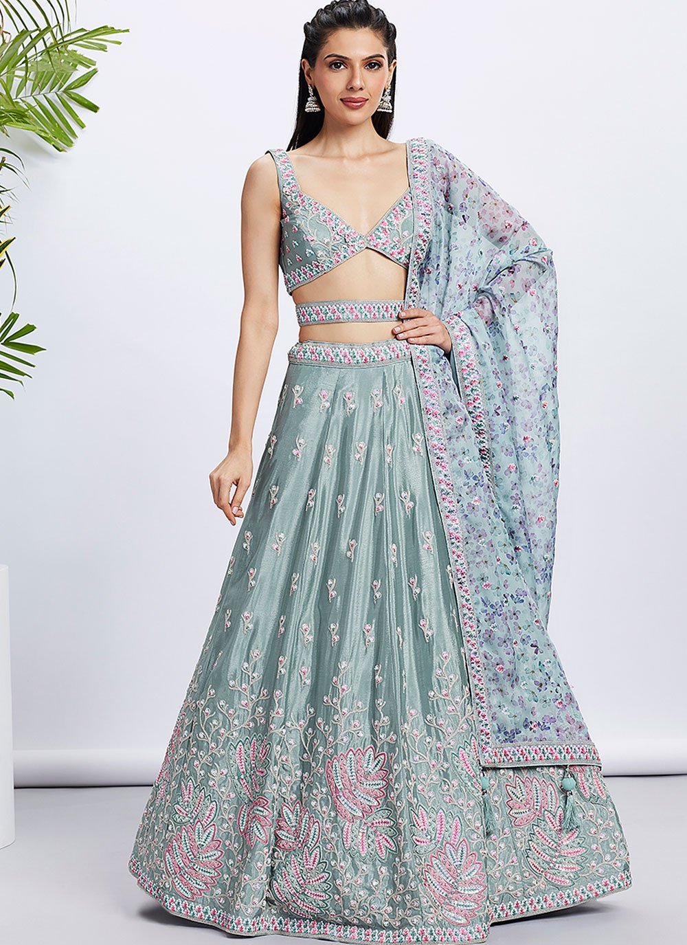 Limegreen Pure Chiffon Engagement Wear Sequins Work Lehenga