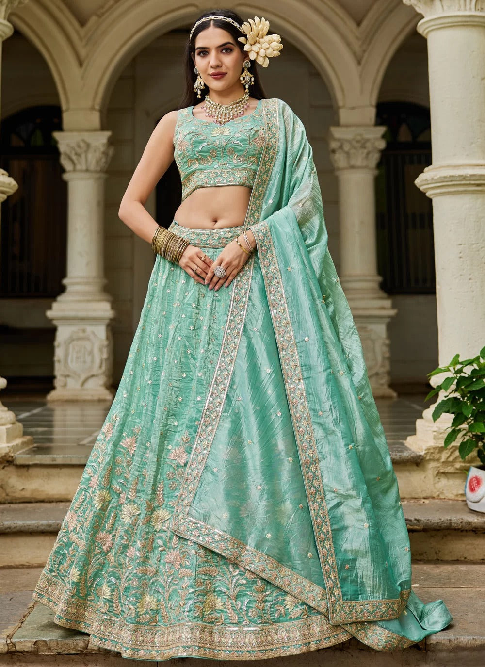 Lustrous Sea Green Tissue Lehenga with Sequins & Embroidery – Stunning Party Wear for Women