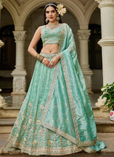 Lustrous Sea Green Tissue Lehenga with Sequins & Embroidery – Stunning Party Wear for Women