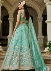 Sea Green Tissue Lehenga | Sequins & Embroidery – Party Wear Lehenga for Women