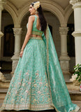 Sea Green Tissue Lehenga | Sequins & Embroidery – Party Wear Lehenga for Women