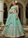 Sea green tissue lehenga with sequins, coding and thread embroidery – party wear lehenga for women