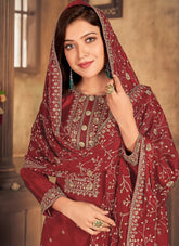 Luxurious Maroon Silk Salwar Kameez with Handcrafted Dori Embroidery