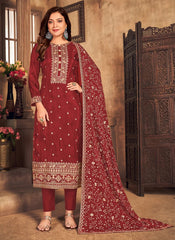 Luxurious Maroon Silk Salwar Kameez with Handcrafted Dori Embroidery
