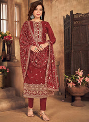 Luxurious Maroon Silk Salwar Kameez with Handcrafted Dori Embroidery