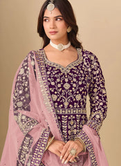 luxury purple velvet anarkali suit with front and back embroidery