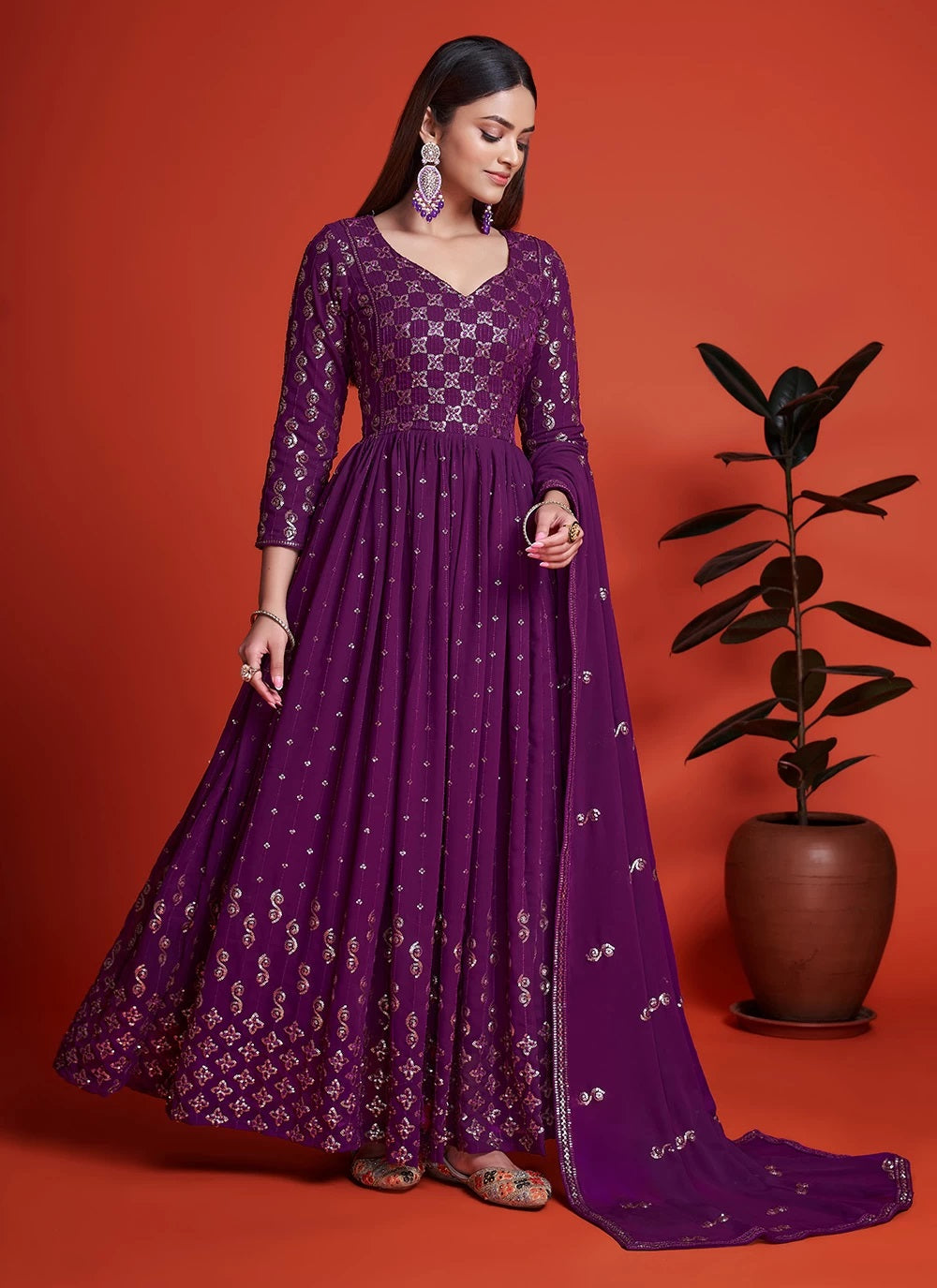 Magenta Georgette Thread And Sequins Gowns For Women