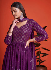 Magenta Georgette Thread And Sequins Gowns For Women