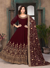 Magnetic Maroon Georgette Thread Embroidered Anarkali Suit