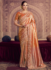 Rust Red Pure Zari Kanjivaram Silk Saree with Beads, Sequence & Embroidery for Wedding